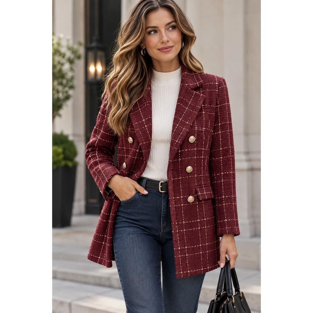 SHEIN Burgundy Tweed Blazer S Gold Button Plaid Double Breasted Preppy Coat